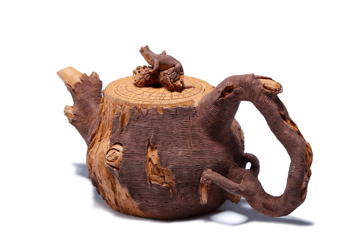 仿木外皮紫砂壺，創(chuàng)意木樁手工雕刻紫砂壺